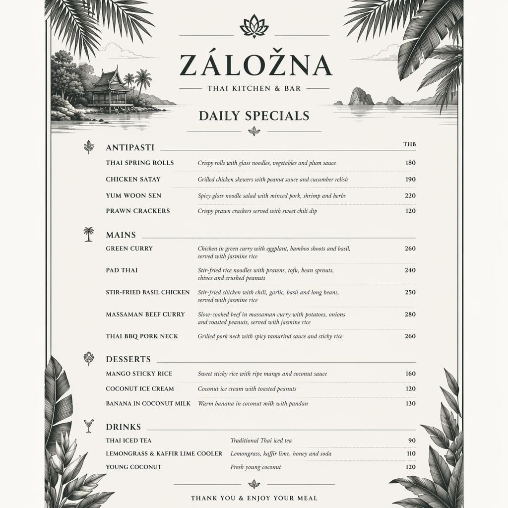 A4 menu karta pro zalozna menu s thajskými denními specialitami, monochromní tropický design, sekce a ceny.