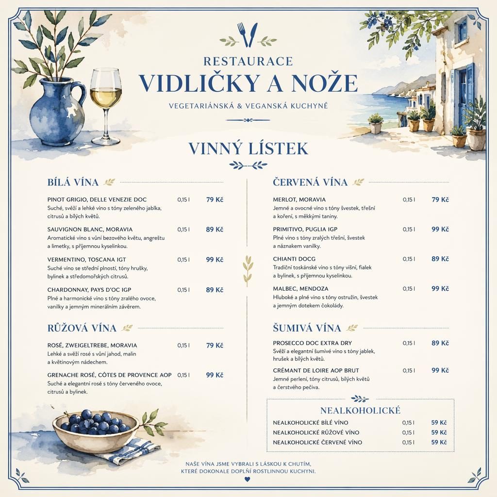 Akvarelový vinný lístek A4 na výšku v modro-krémové paletě s dekorativní hlavičkou, cenami a zástupnou typografií.