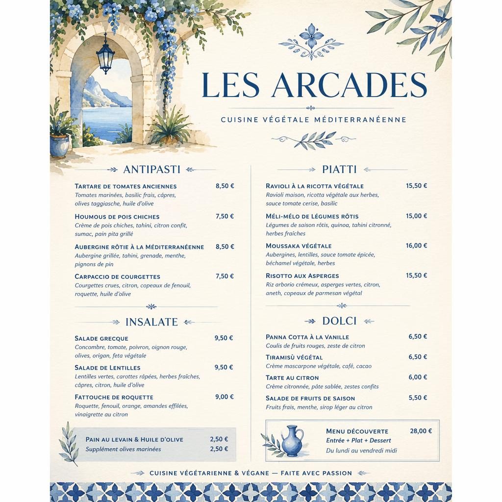 Carte des vins A4 en portrait, style aquarelle bleu méditerranéen et crème, avec en-tête décoratif et colonnes de prix.