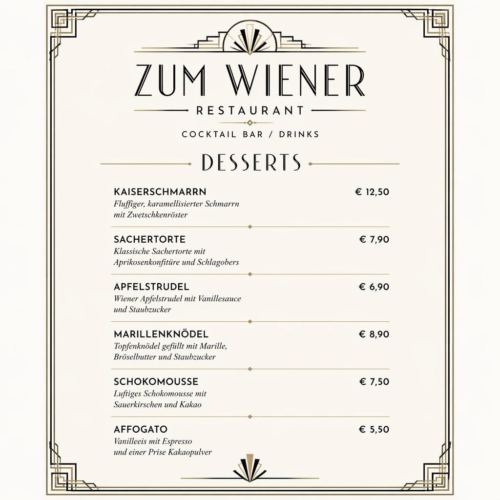 A4-Dessertkarte für zum wiener restaurant im Art-Déco-Stil, monochrom, mit Zierkopf, Platzhaltertext und Preisen.
