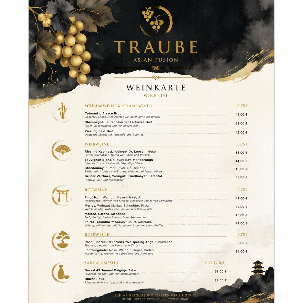 A4-Weinkarte für Restaurant Traube im Hochformat, Aquarellstil in Schwarz und Gold mit dekorativer Kopfzeile.