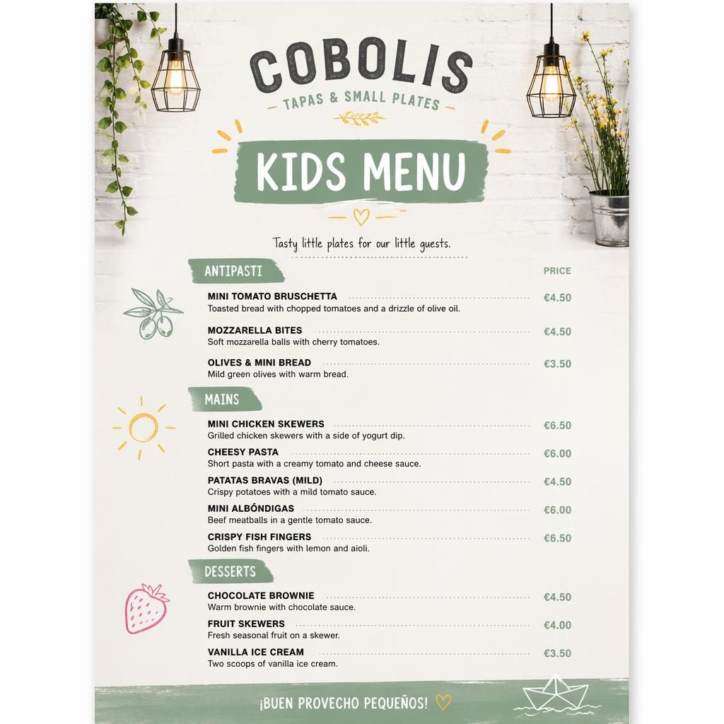 Menu karta A4 na výšku pro dětské cobolis menu, industriální loft styl, jarní paleta, sekce jídel a sloupec s cenami.