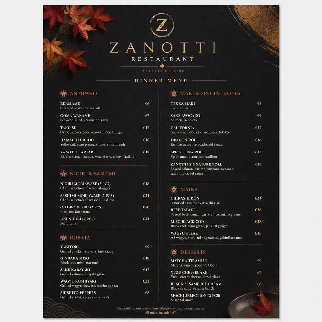 A4 portrait luxury Japanese sushi dinner menu for Zanotti Restaurant with decorative header, section headings, dish placeholders, and prices.