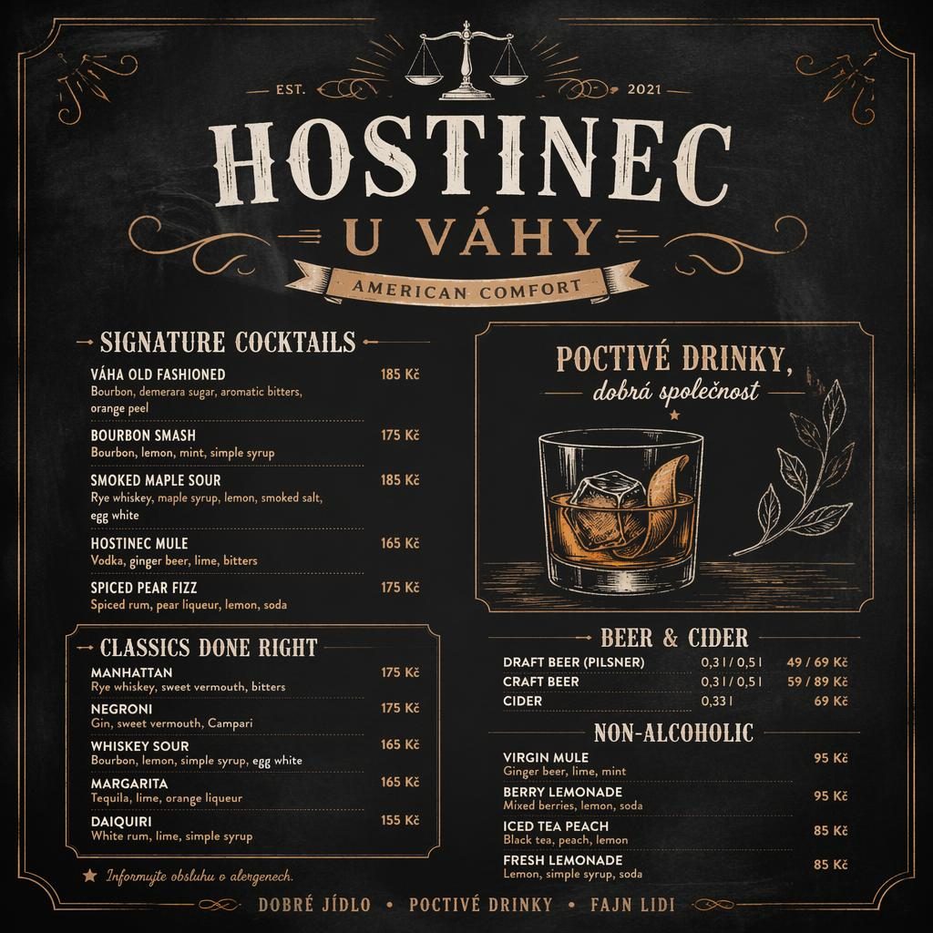 Nápojový lístek A4 pro hostinec u váhy v tabulovém café stylu, teplé zemité barvy, ozdobná hlavička a sloupec cen.
