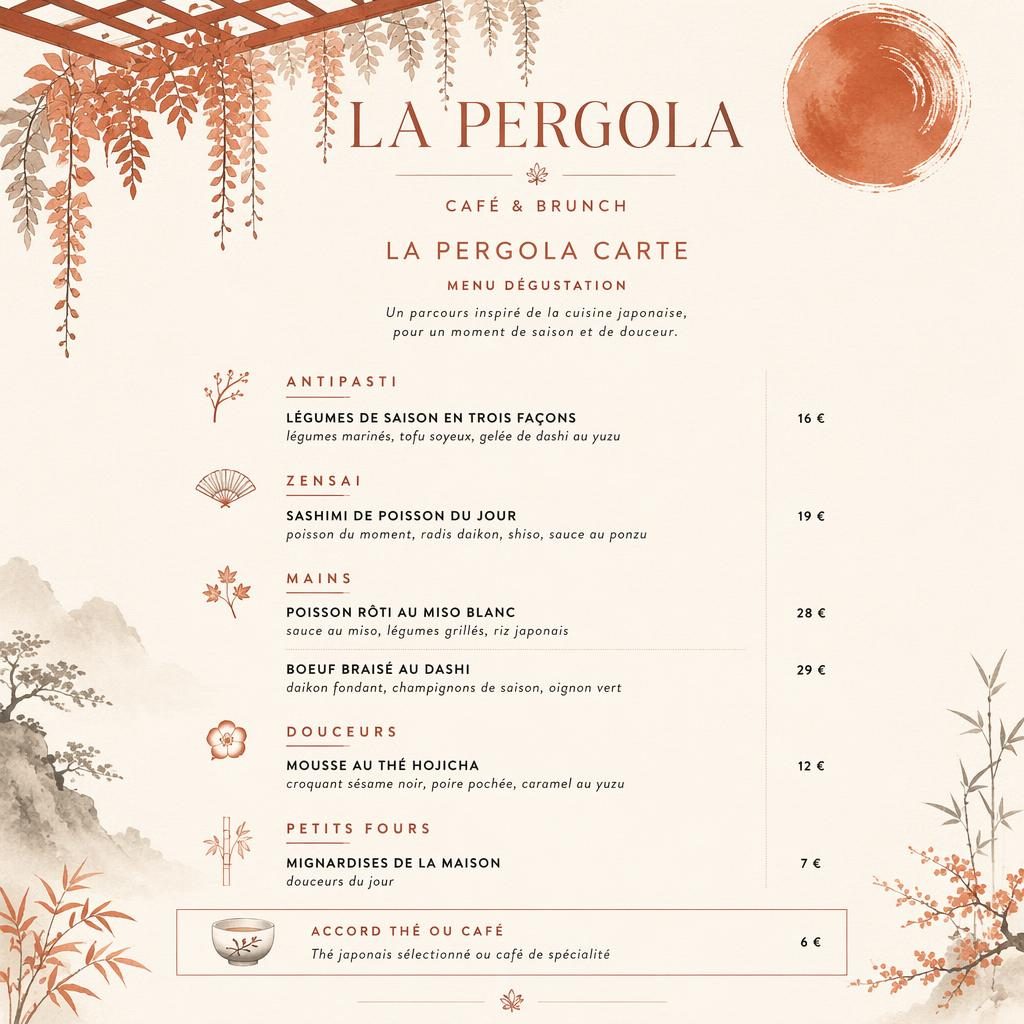 Carte de menu A4 en portrait pour la pergola carte, palette crème chaude et rouille, style kaiseki japonais.