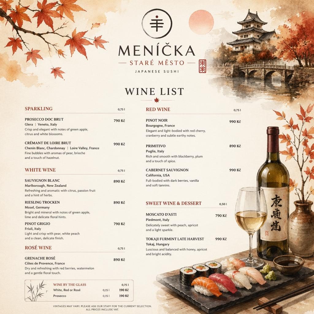 A4 menu karta na výšku pro japonské sushi, vinný lístek v útulném akvarelovém stylu s podzimní paletou a cenami.