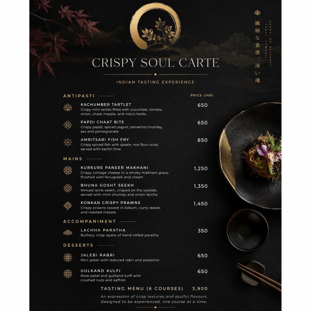 Carte de menu A4 portrait, palette sombre, style kaiseki japonais avec en-tête décoratif, rubriques, plats et colonne de prix.