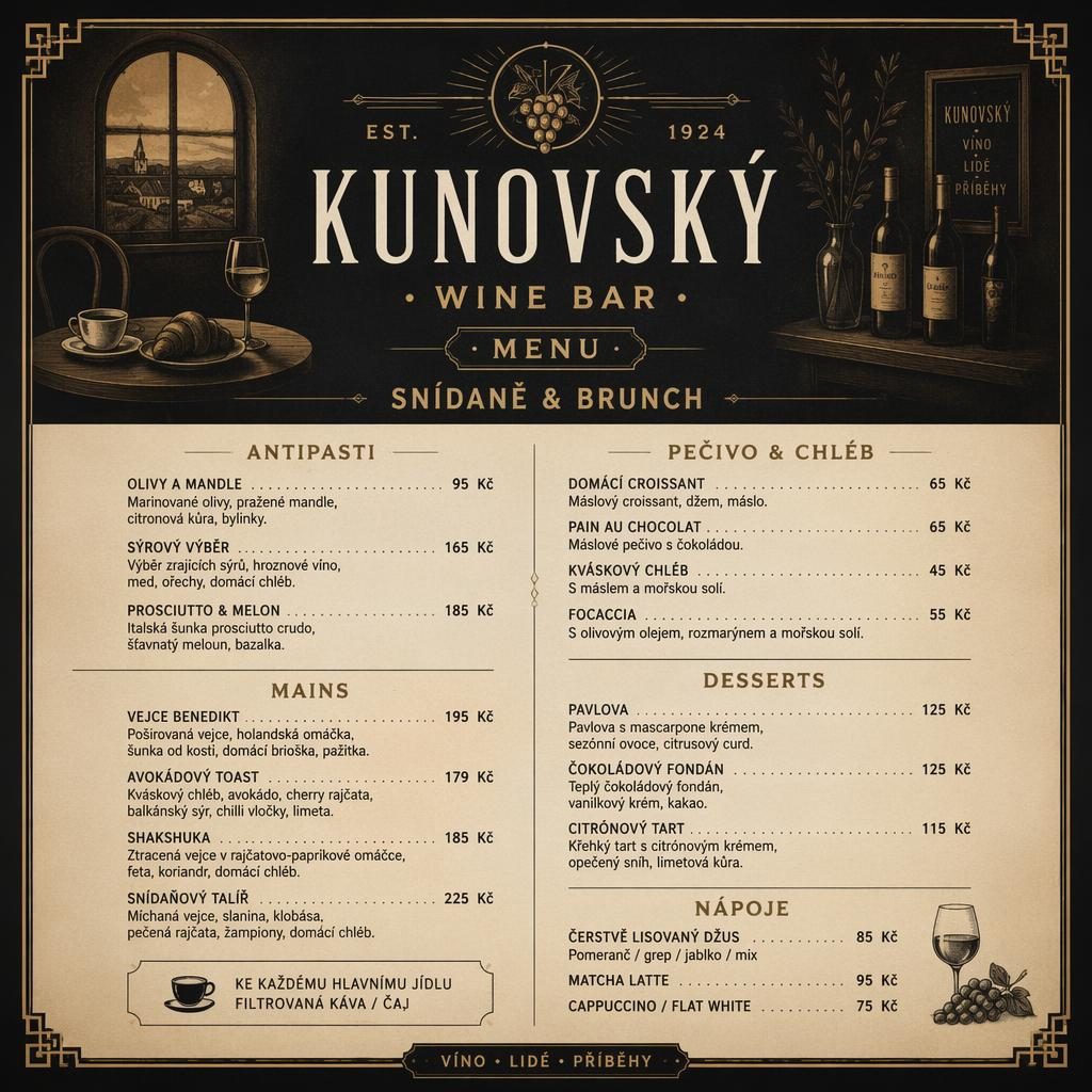 A4 brunch menu pro vinný bar v tmavé vintage estetice 20. let, s dekorativní hlavičkou, sekcemi a cenovým sloupcem