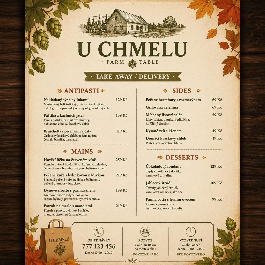 Rustikální podzimní menu karta A4 na výšku pro U Chmelu s dekorativní hlavičkou, sekcemi jídel a sloupcem cen.