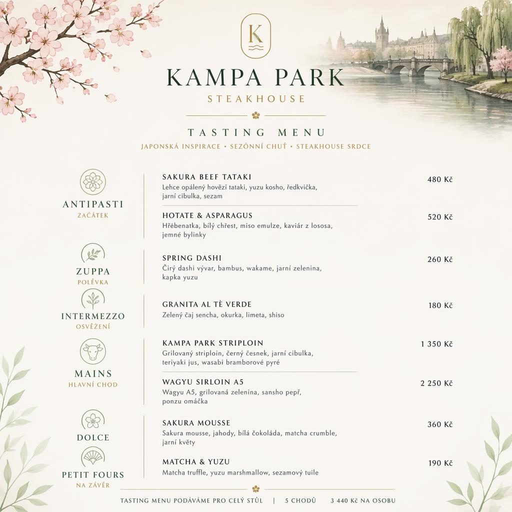 Tisková menu karta A4 na výšku pro kampa park menu, degustační nabídka v japonském kaiseki stylu s cenami.