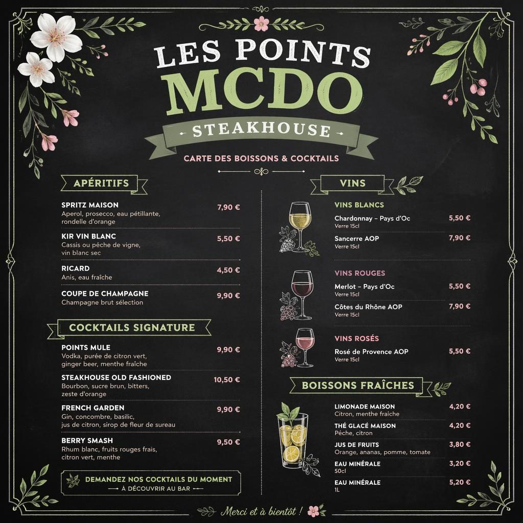 Carte de cocktails A4 en portrait, style ardoise café, palette printanière, en-tête décoratif, typographie factice et colonne de prix.