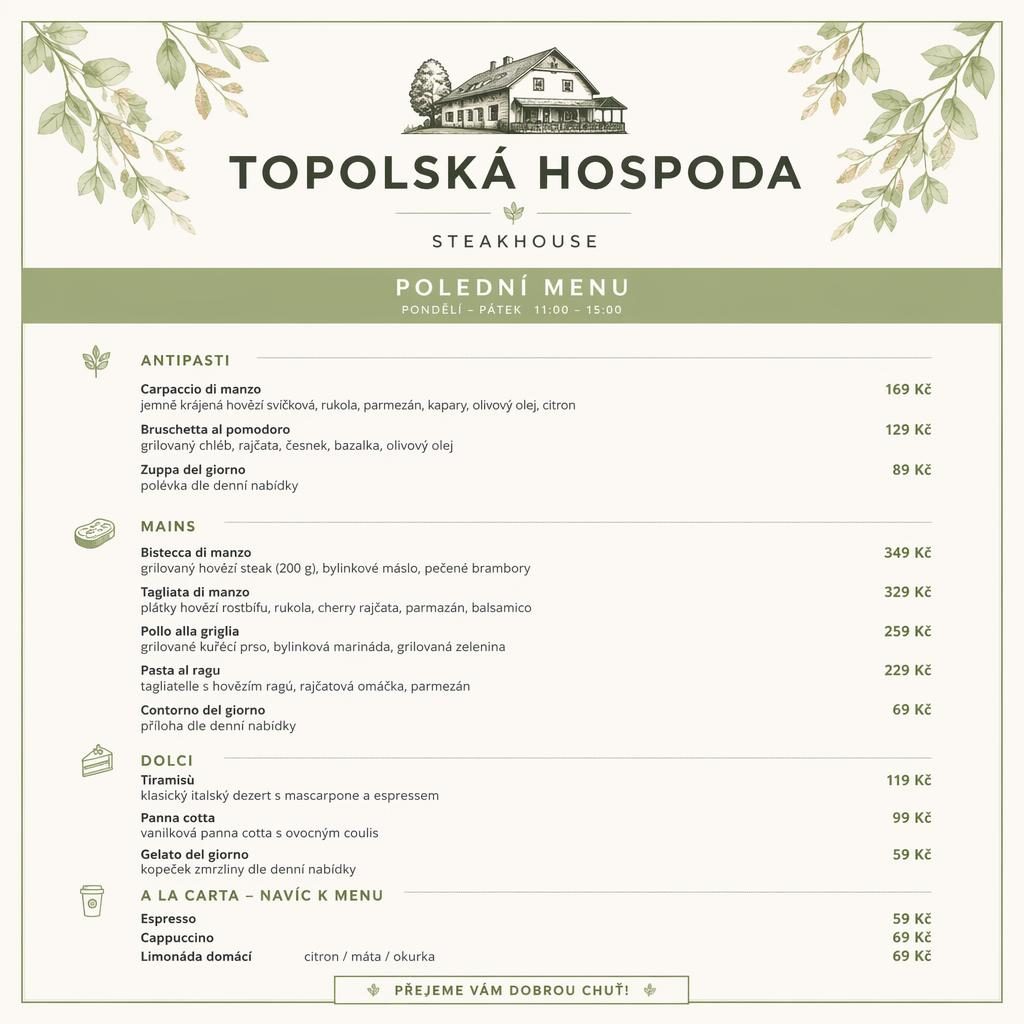 A4 obědové menu steakhousu Topolská hospoda v minimalistickém švýcarském stylu s cenovým sloupcem