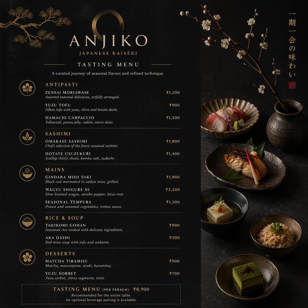 A4 jídelní lístek anjiko menu v tmavé náladové paletě, indické degustační menu s dekorativní hlavičkou a cenami
