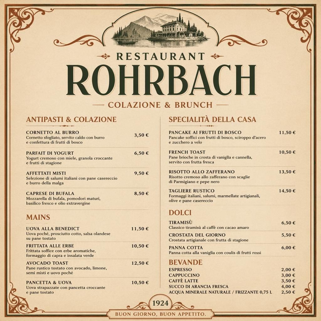 A4-Menükarte für Restaurant rohrbach, italienischer Brunch im Vintage-1920er-Stil mit Preisen und Zierkopf