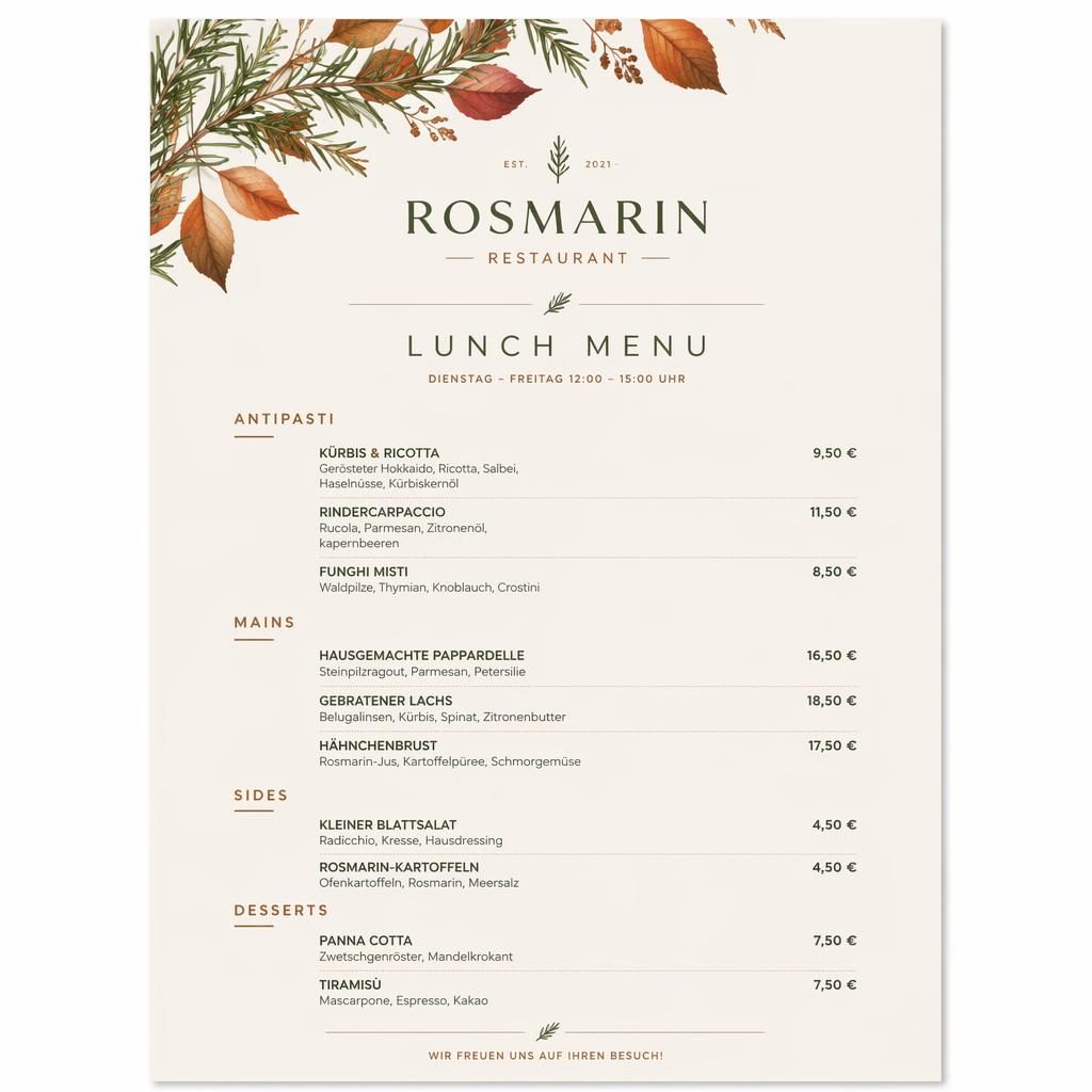 A4-Menükarte für restaurant rosmarin im minimalistischen Swiss-Stil, Herbstfarben, Rubriken, Platzhaltertexte und Preise.
