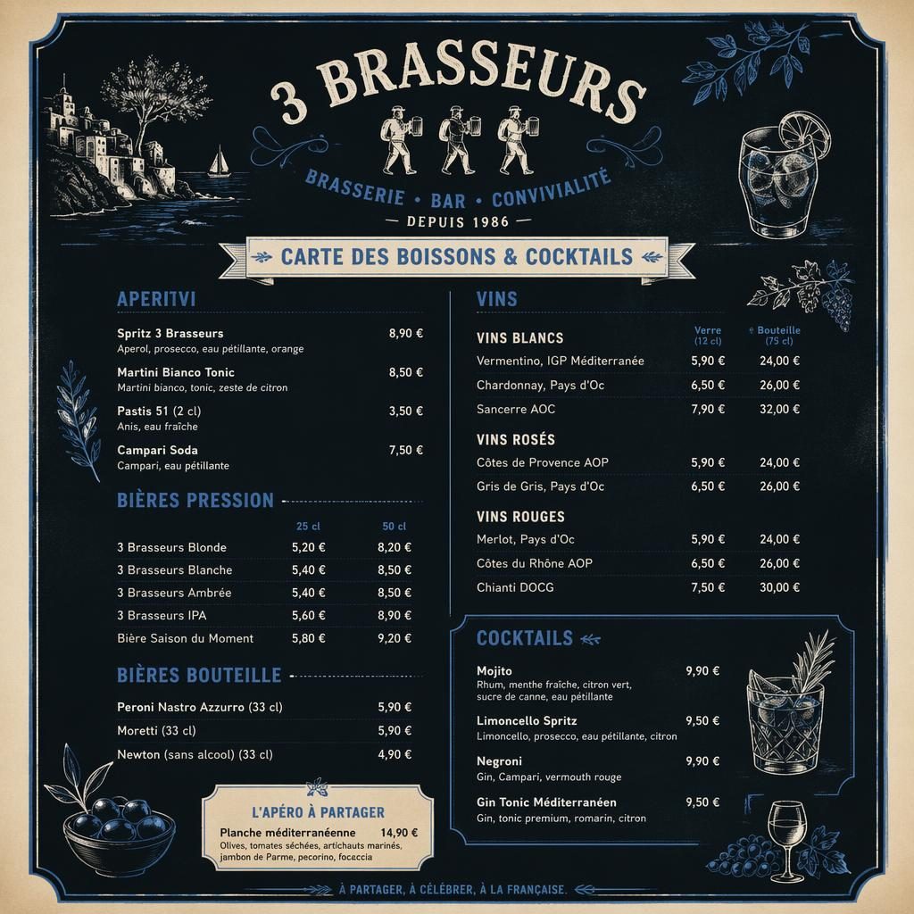 Carte de cocktails A4 portrait style ardoise, tons bleu méditerranéen et crème, avec en-tête décoratif et colonne de prix.