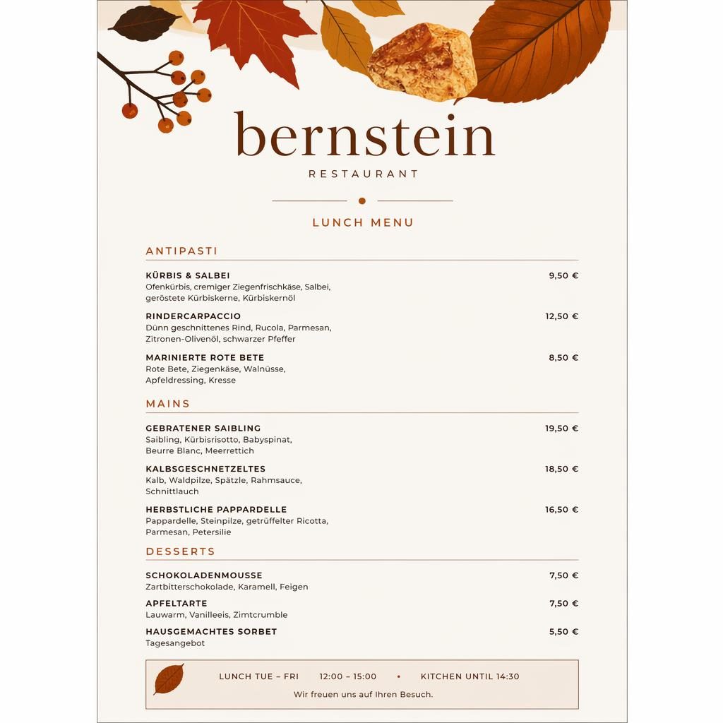 Minimalistische A4-Menükarte für Restaurant Bernstein im Swiss-Stil mit Herbstfarben, Rubriken, Platzhaltertext und Preisspalte.