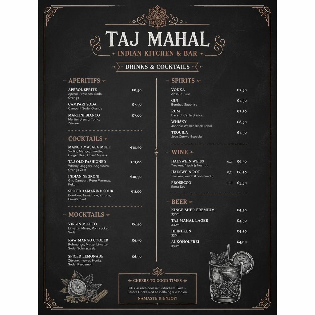 A4-Menükarte im Kreidetafelstil für indische Cocktails, dunkle Farbpalette, Zierkopf, Platzhaltertext und Preisspalte