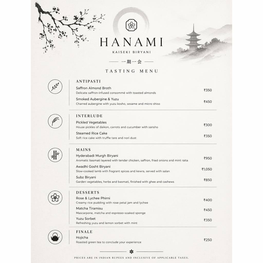 A4 portrait tasting menu card layout with decorative header, placeholder dish names, descriptions, and price column.