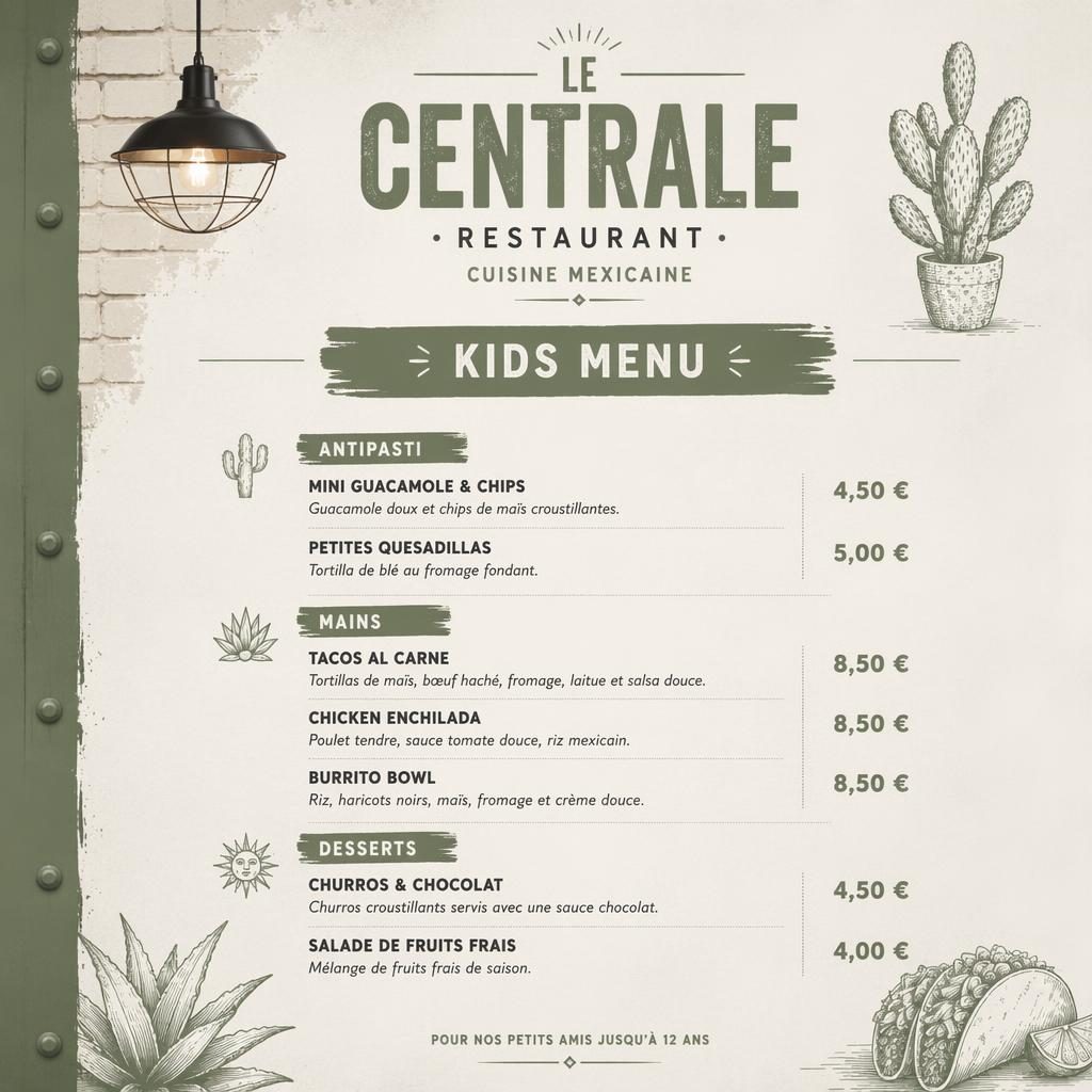 Carte menu enfant A4 en portrait pour le centrale restaurant, style loft industriel, palette sauge et ivoire.