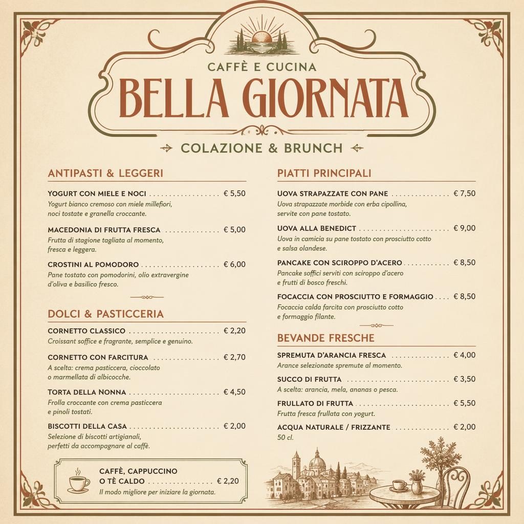 A4-Menükarte im Vintage-1920er-Stil für italienischen Brunch mit Zierkopf, Platzhaltertext, Preisleiste und Erdtönen