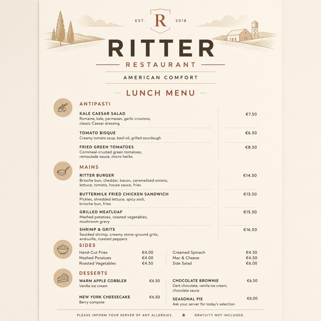 A4-Menükarte für ritter restaurant im minimalistischen Swiss-Stil mit warmen Erdtönen, Rubriken, Platzhaltertext und Preisspalte.