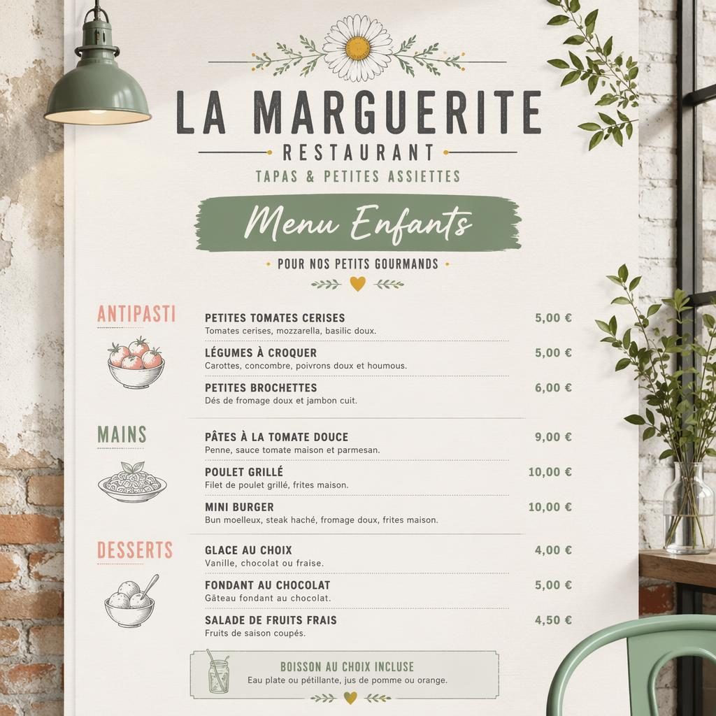 Carte de menu enfant A4 en portrait pour la marguerite restaurant, style loft industriel, palette printanière fraîche.