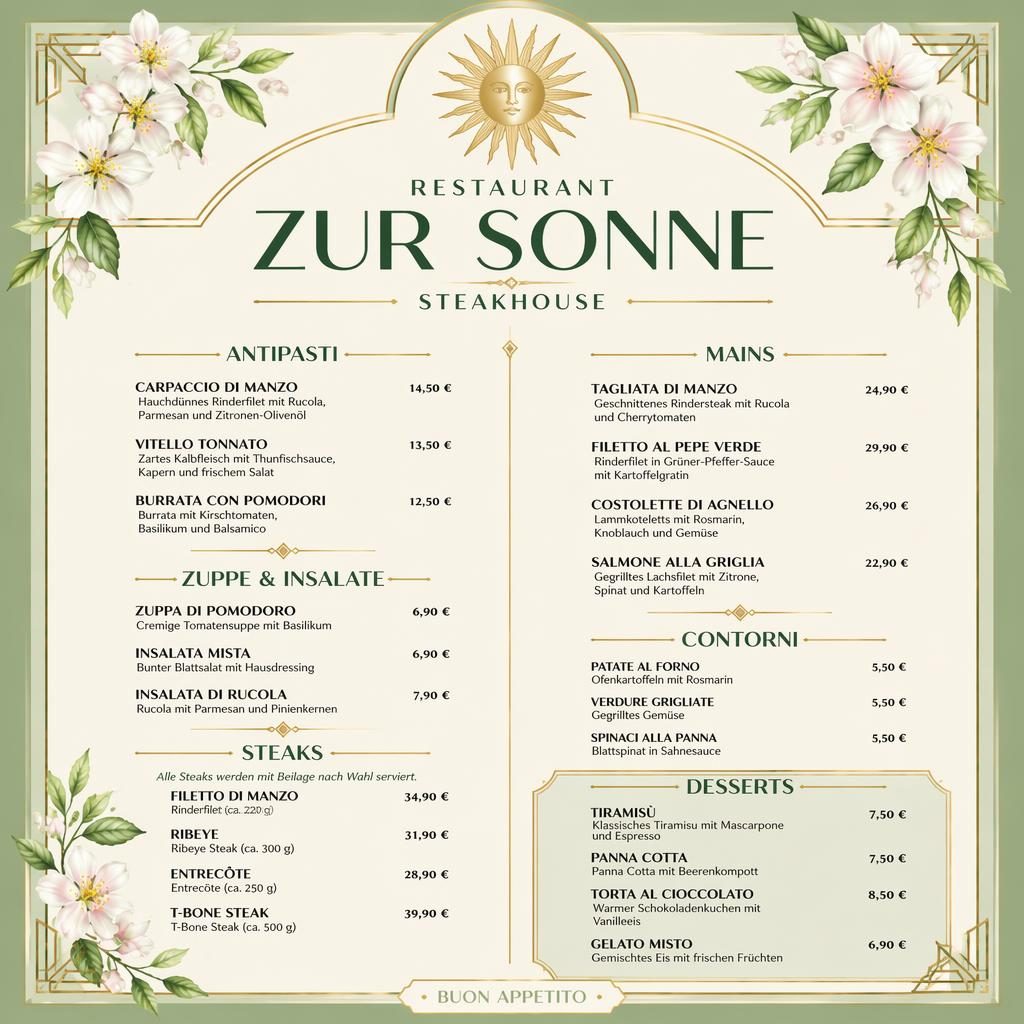 A4-Dessertkarte für restaurant zur sonne im Art-déco-Stil mit Frühlingsfarben, Zierkopf, Platzhaltertext und Preisspalte