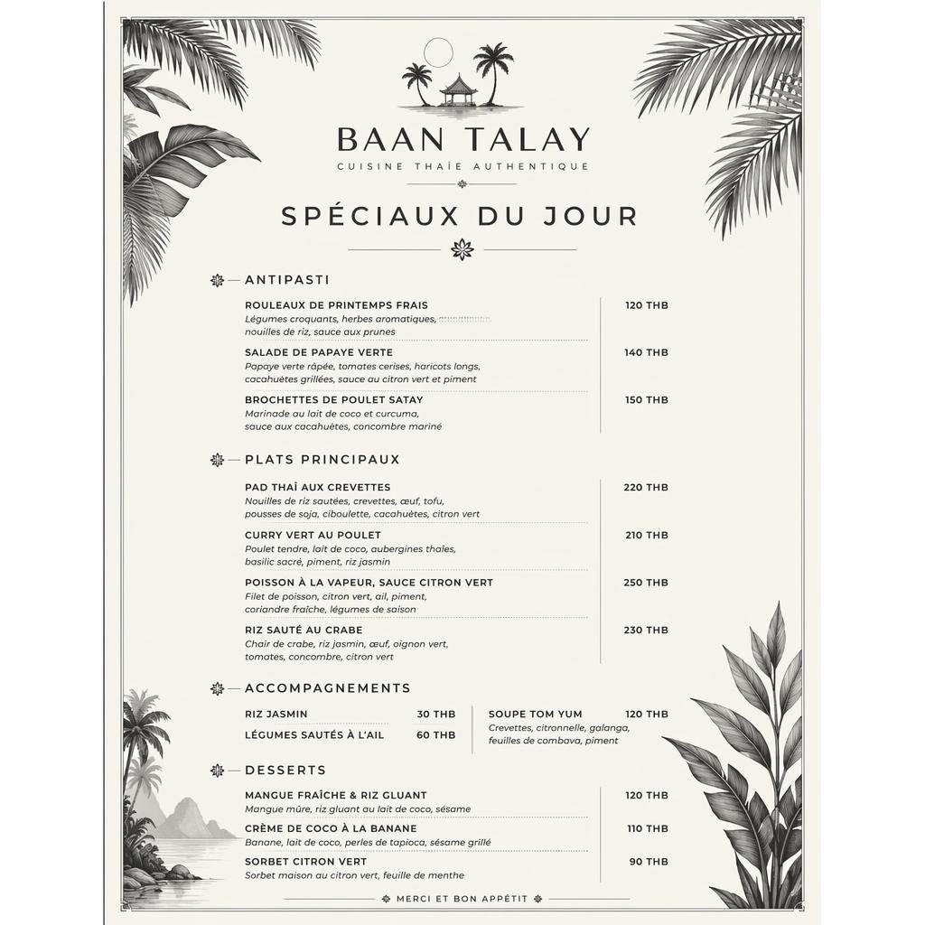 Carte de menu thaï A4 en portrait, style resort tropical monochrome, avec en-tête décoratif, rubriques et colonne de prix.