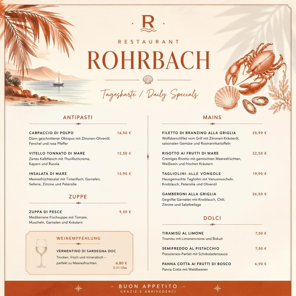 A4-Menükarte für restaurant rohrbach mit Tagesempfehlungen, tropischem Resort-Stil in Creme und Rost, Preisleiste