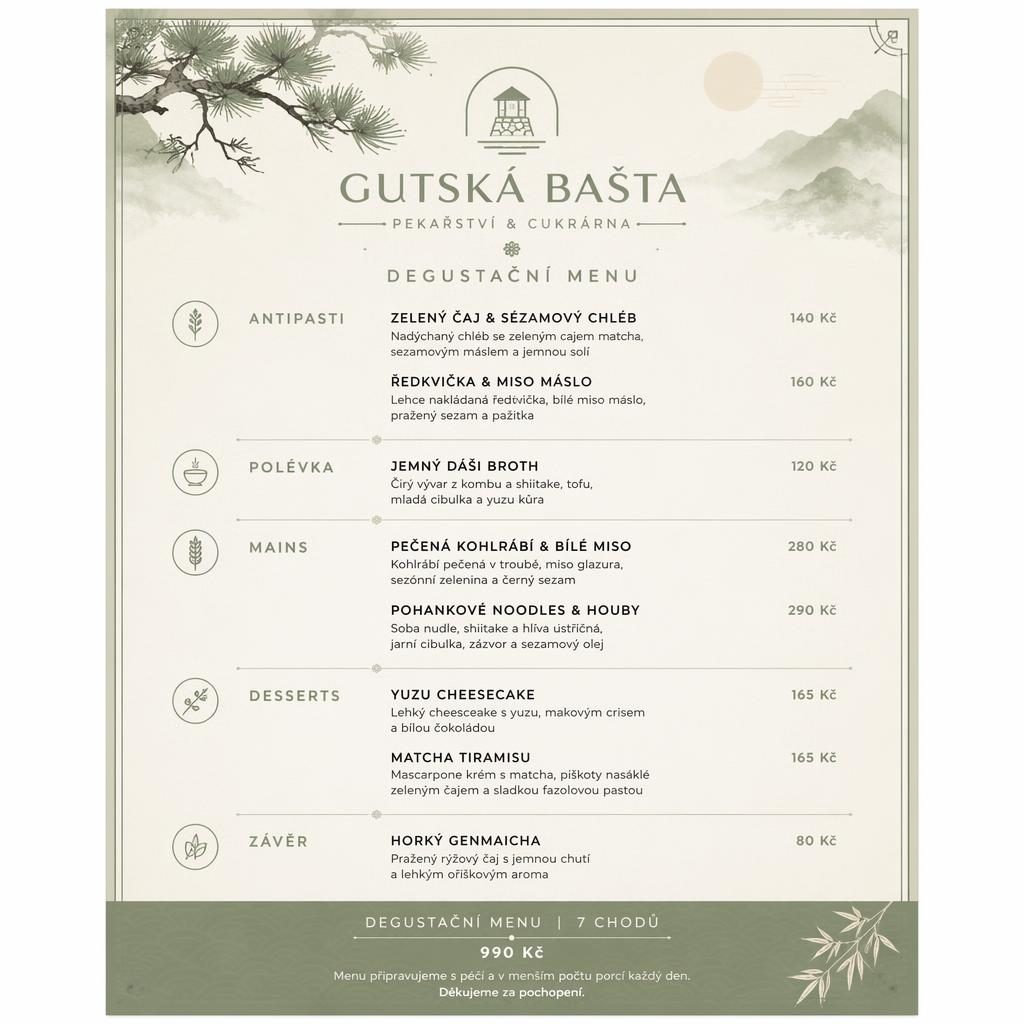 A4 menu degustace pro gutská bašta v japonském kaiseki stylu, šalvějová a slonovinová paleta, ceny a sekce.