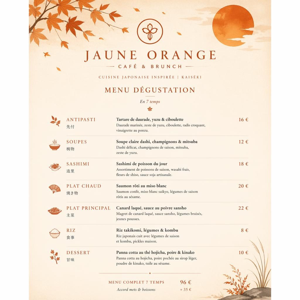 Carte de menu dégustation A4 en portrait pour restaurant jaune orange, palette crème chaude et rouille, style kaiseki.