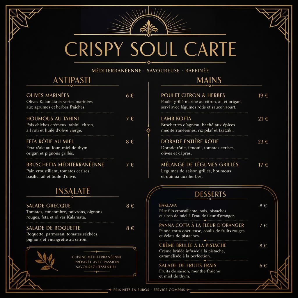 Carte dessert A4 en style art déco noir et or, avec en-tête décoratif, nom du restaurant, rubriques et colonne de prix.