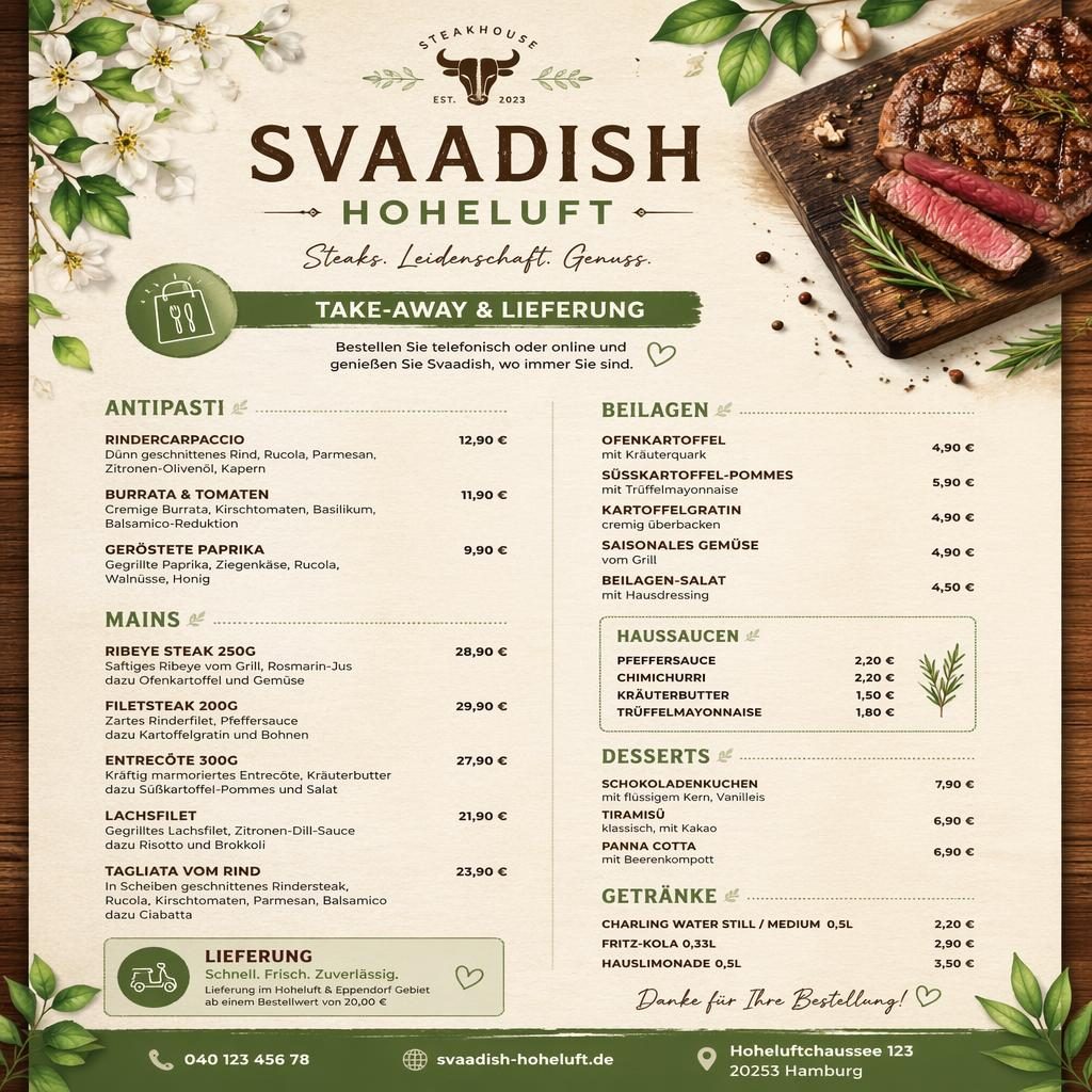 A4-Menükarte für svaadish hoheluft im warm-rustikalen Frühlingsstil mit Rubriken, Platzhaltertext und Preisspalte