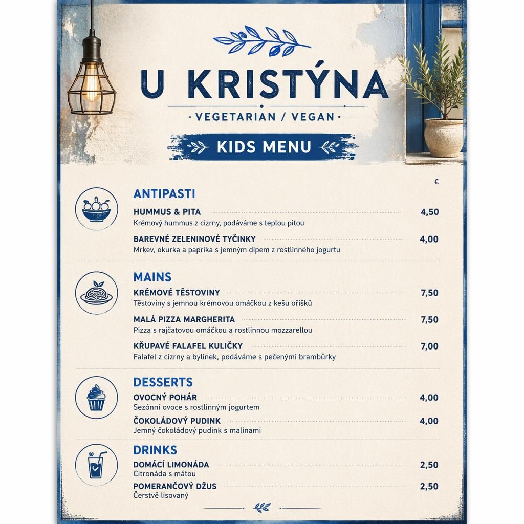 A4 jídelní lístek pro děti v modro-krémové paletě, industriální loft styl, sekce jídel, ceny a dekorativní hlavička