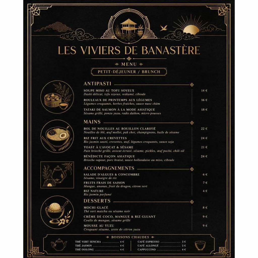 Carte de menu brunch A4 en portrait, style années 1920 noir et or, avec en-tête décoratif, rubriques et colonne de prix.