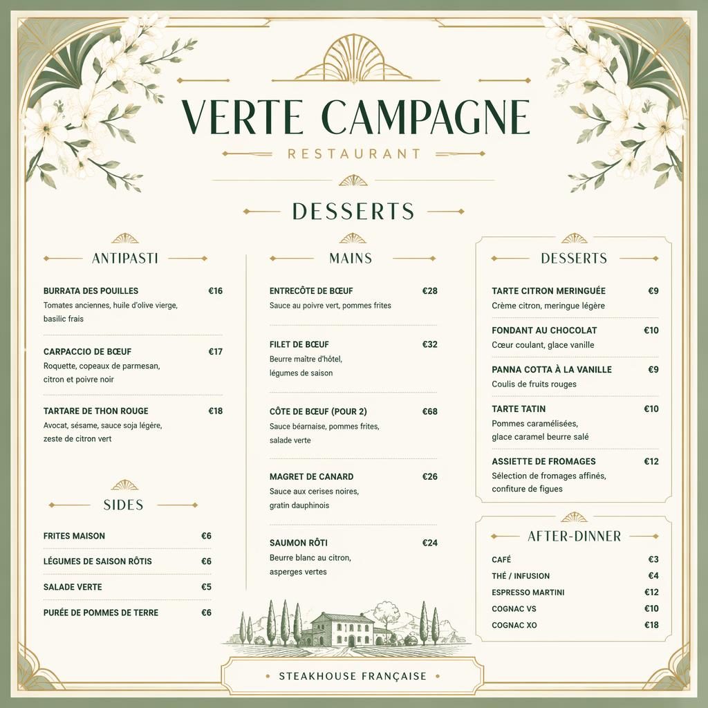 Carte de desserts A4 en portrait pour verte campagne restaurant, style Art déco, palette printanière, en-tête décoratif et colonne de prix.
