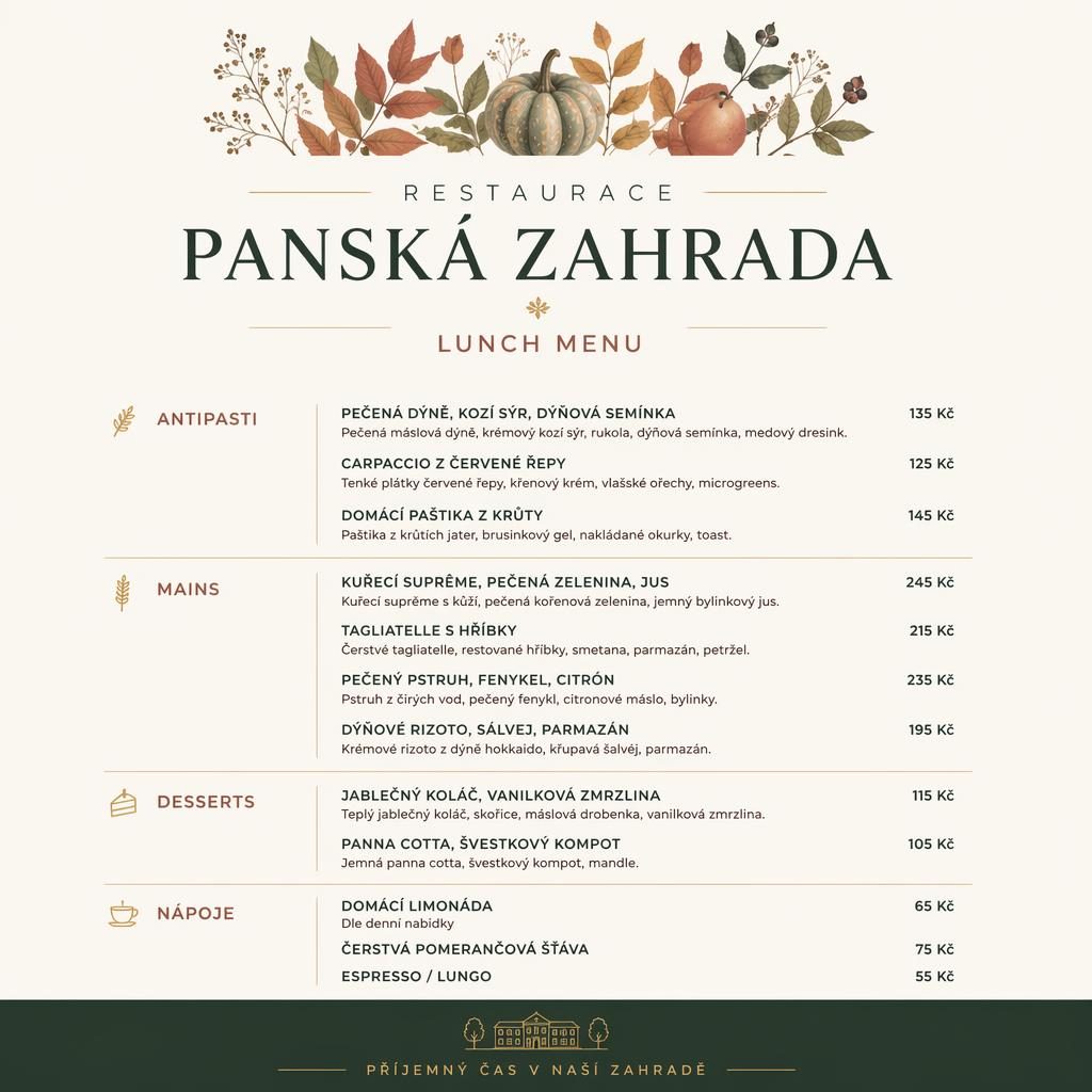A4 jídelní lístek na oběd pro restaurace panská zahrada, minimalistický švýcarský styl, podzimní barvy a sloupec cen.