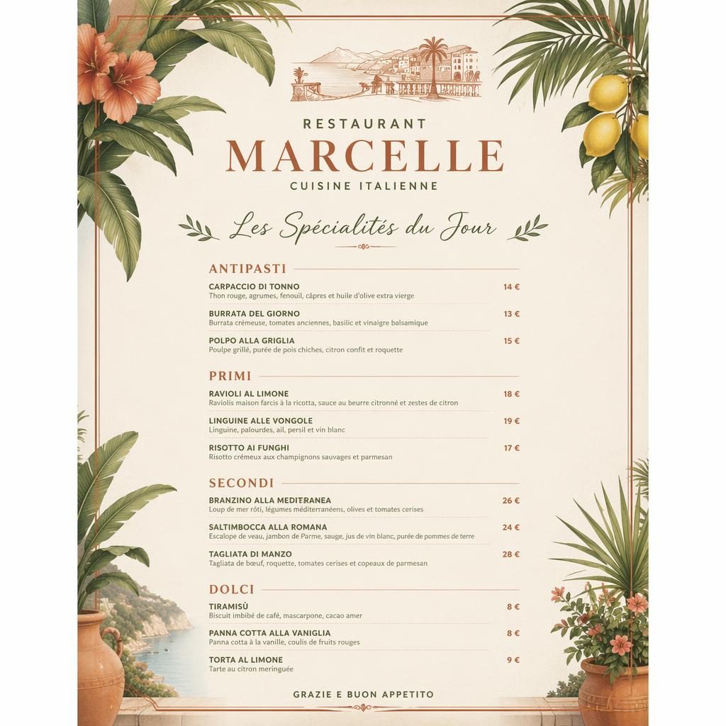 Carte du jour A4 en portrait pour restaurant marcelle, style resort tropical, palette terre chaude, rubriques et prix.