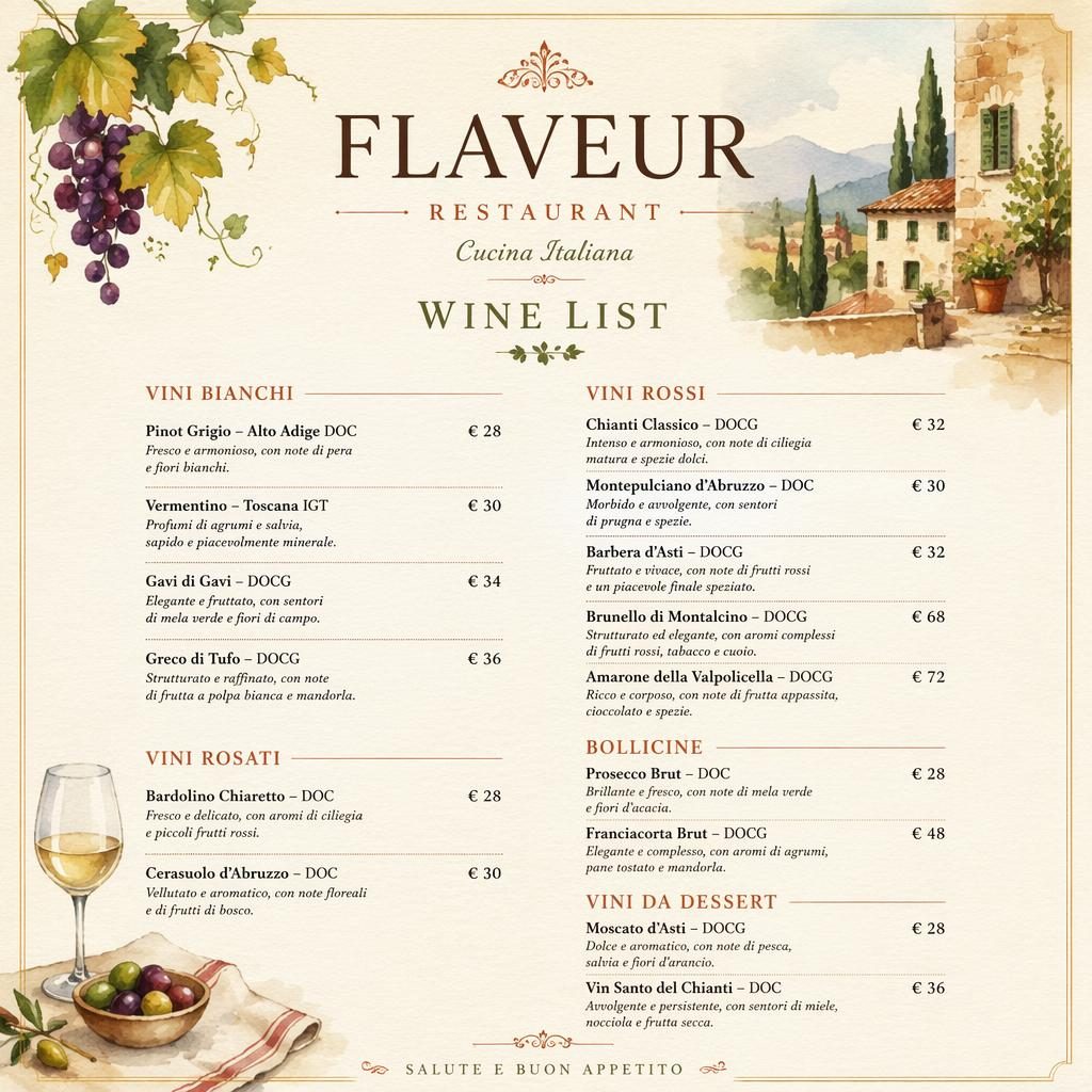 Carte des vins A4 en portrait pour flaveur restaurant, style aquarelle cosy, palette terre chaude, en-tête décoratif et prix.