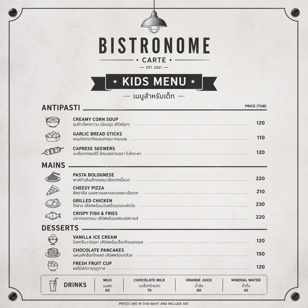 Carte de menu enfant thaï en format A4 portrait, style loft industriel monochrome, avec en-tête décoratif et colonne de prix.