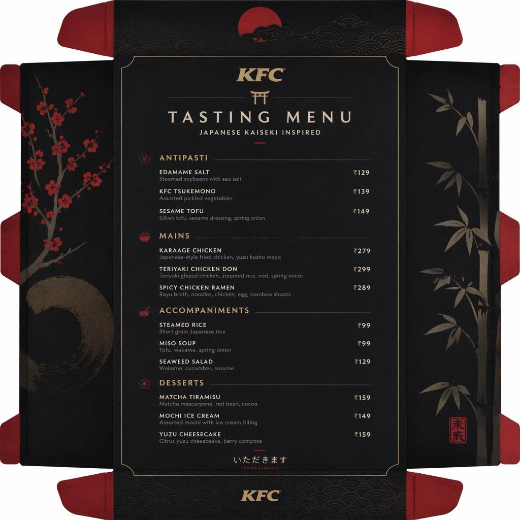 A4 portrait menu card with a dark moody Japanese kaiseki style, decorative header, section headings, dish names, and prices.
