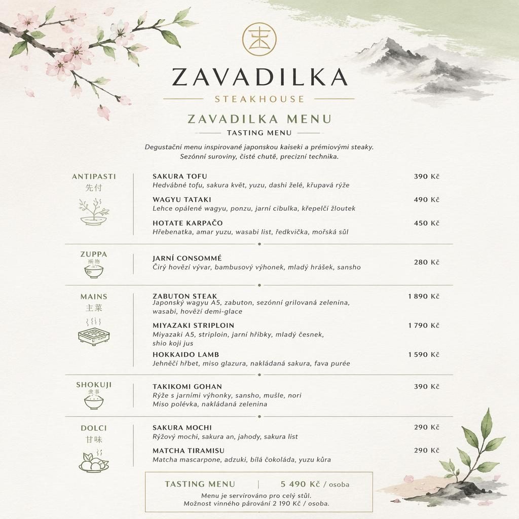 A4 menu karta na výšku pro steakhouse, ochutnávkové zavadilka menu v japonském kaiseki stylu s cenovým sloupcem