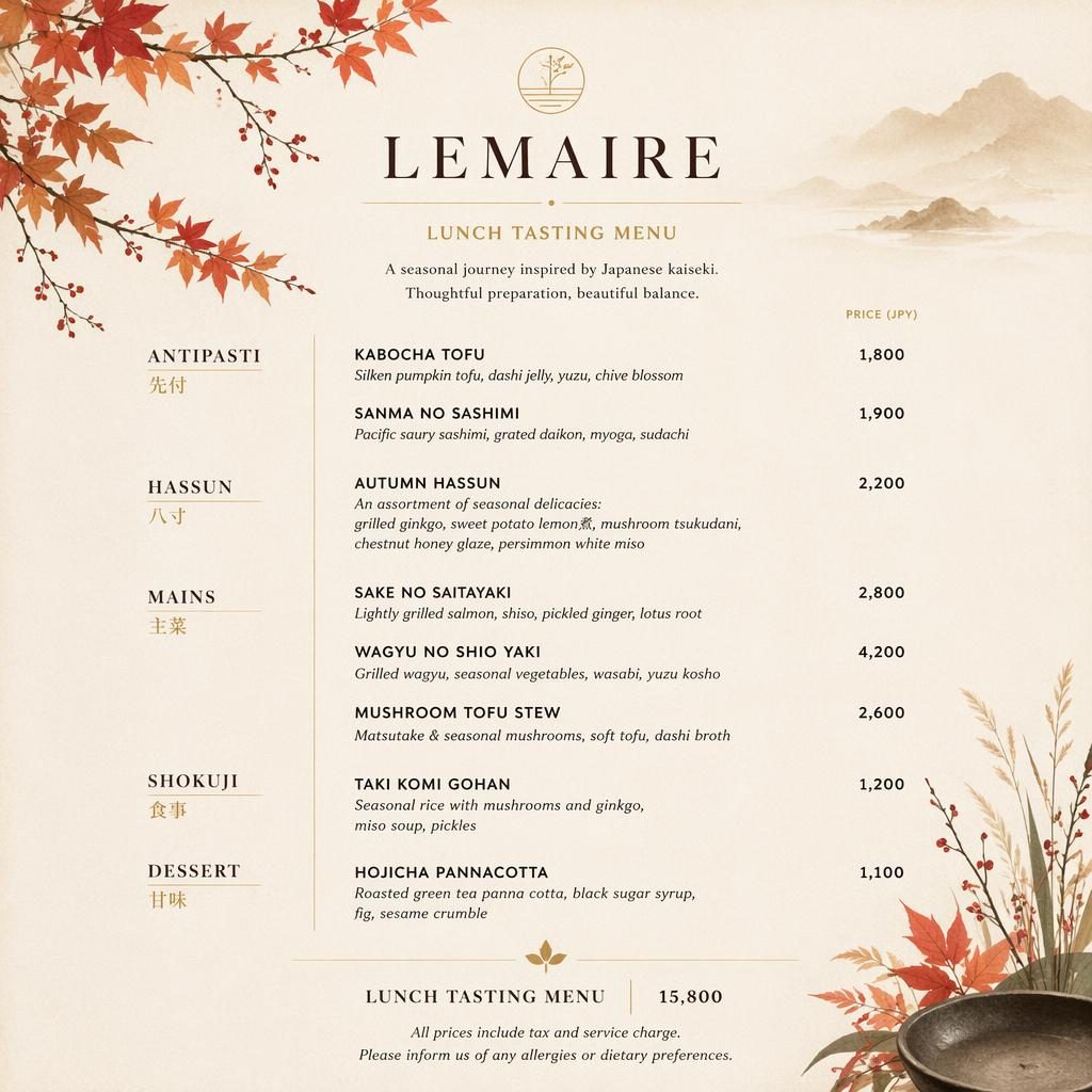 A4 portrait restaurant menu card for lemaire lunch menu with kaiseki-inspired layout, autumn colors, placeholder dishes and prices.