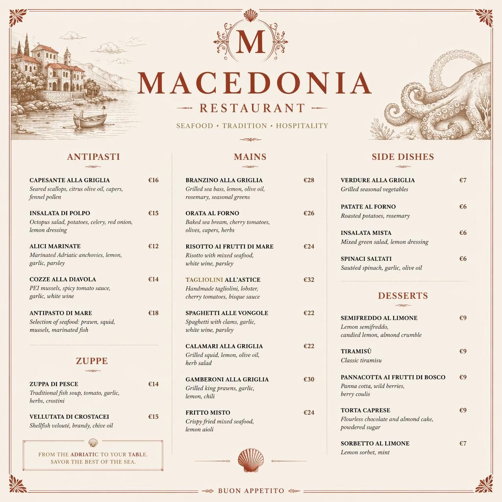 A4-Menükarte für Macedonia Restaurant mit Seafood-Dinner, creme-rustikalem Farbschema, dekorativem Header und Preisspalte
