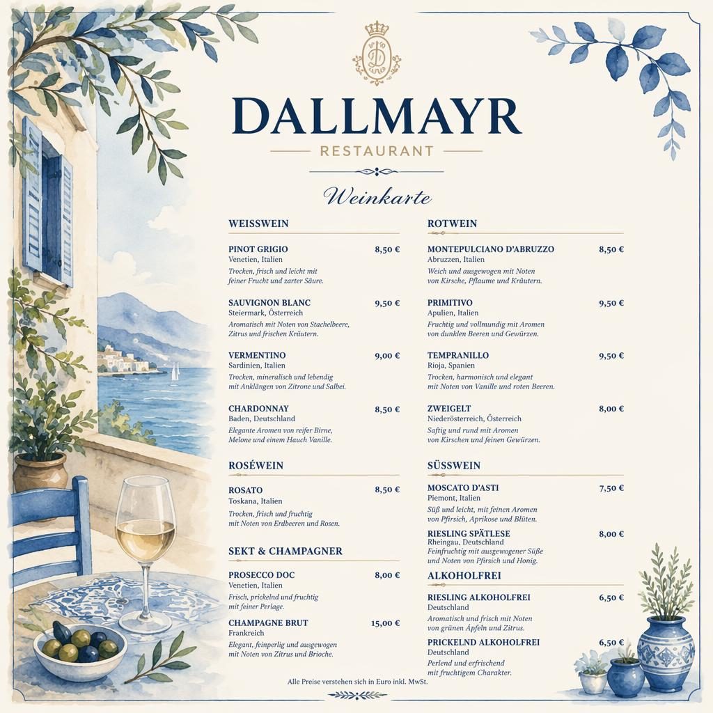 A4-Weinkarte für dallmayr restaurant in Blau-Creme, Aquarellstil, mit dekorativem Kopf, Platzhaltertext und Preisspalte