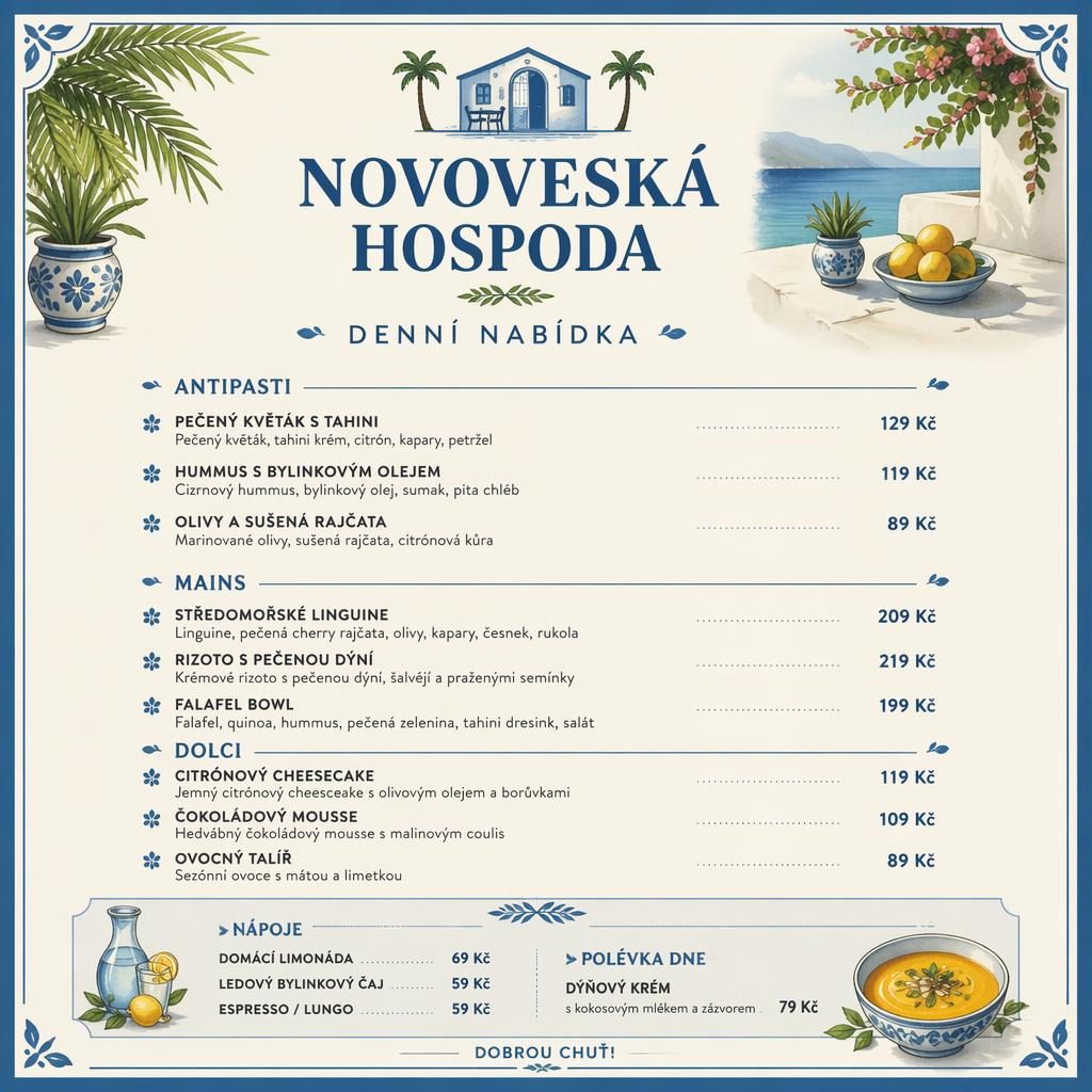 A4 jídelní lístek pro novoveska hospoda v tropicko-středomořském stylu, modro-krémová paleta, sekce, ceny a dekorativní záhlaví.