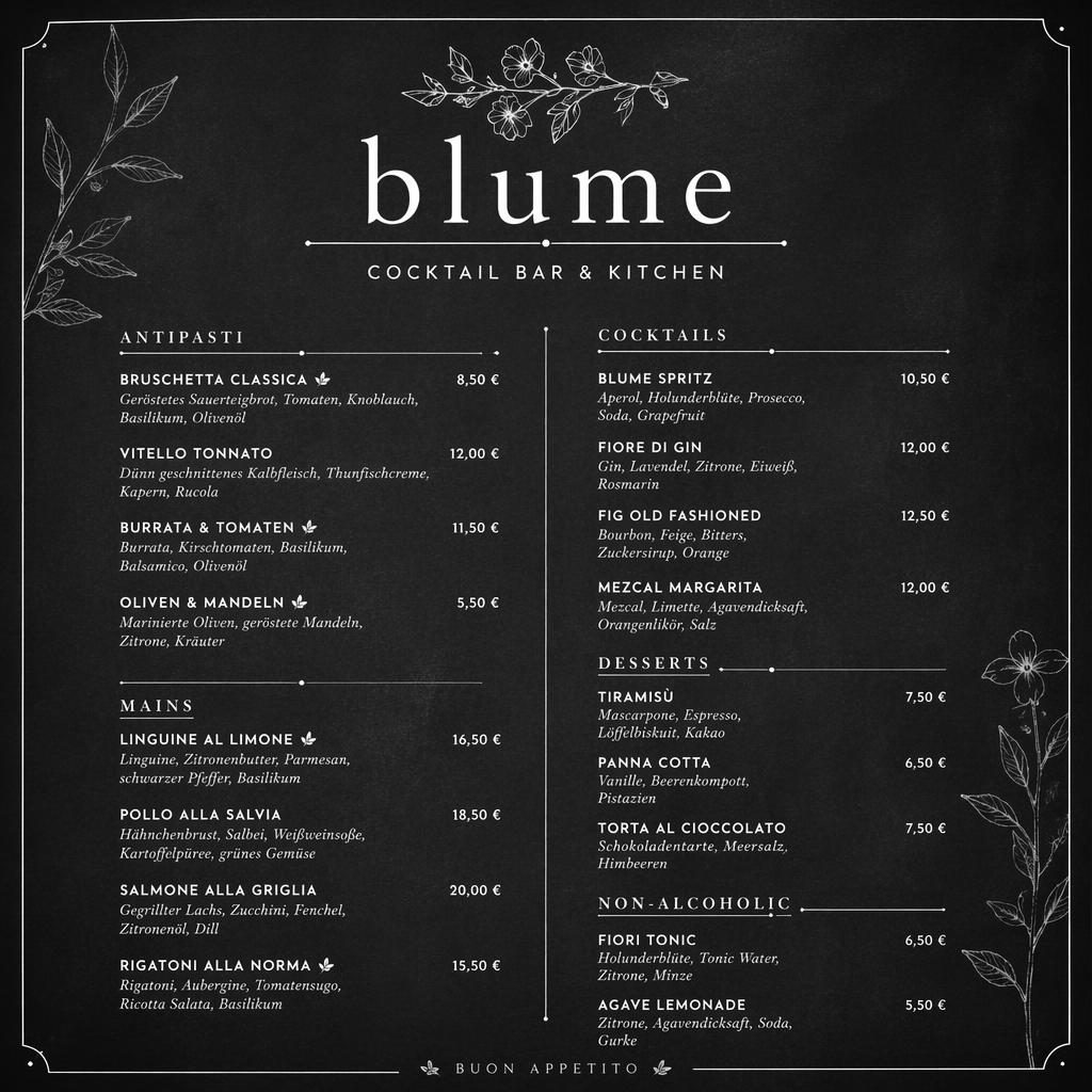 A4-Getränkekarte für Restaurant Blume im minimalistischen Tafelstil, monochrom mit Zierkopf, Platzhaltertext und Preisen