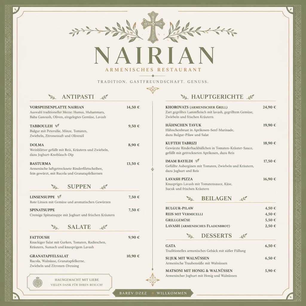 A4-Menükarte im Hochformat für ein armenisches restaurant, salbei-elfenbein, Fine-Dining-Layout mit Preisen