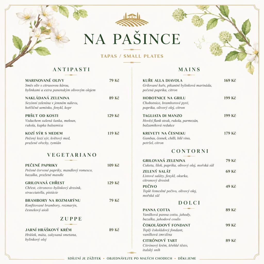 A4 menu karta na pašince menu v portrétu, luxusní fine dining styl, jarní paleta, sekce jídel a sloupec s cenami.